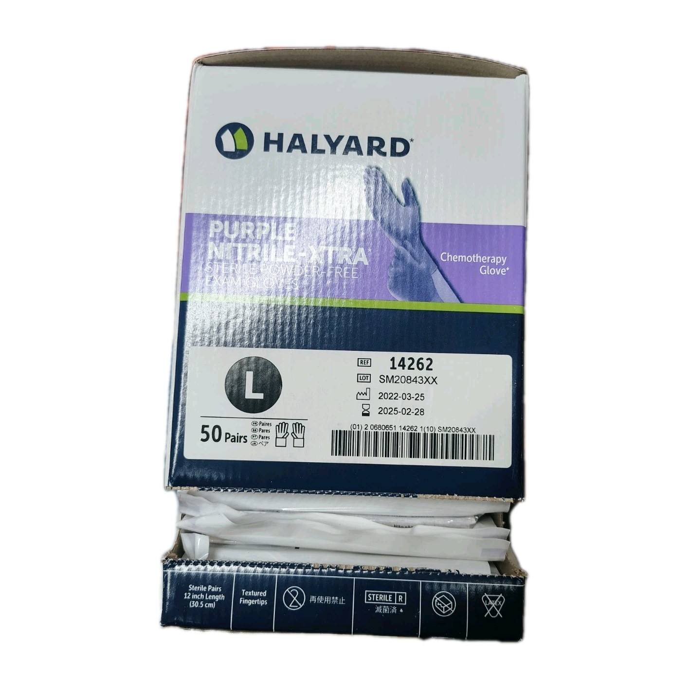 Halyard PURPLE NITRILE-XTRA Sterile Exam Gloves LARGE Box of 50 #14262 Opened