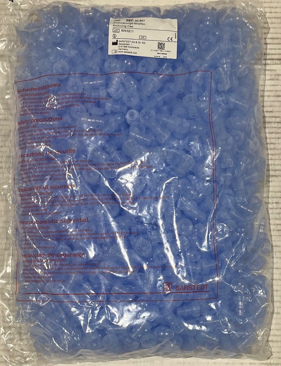 1000 Count Sarstedt ARCHIVING CAPS REF 65.647 Without Filter Blue Polypropylene