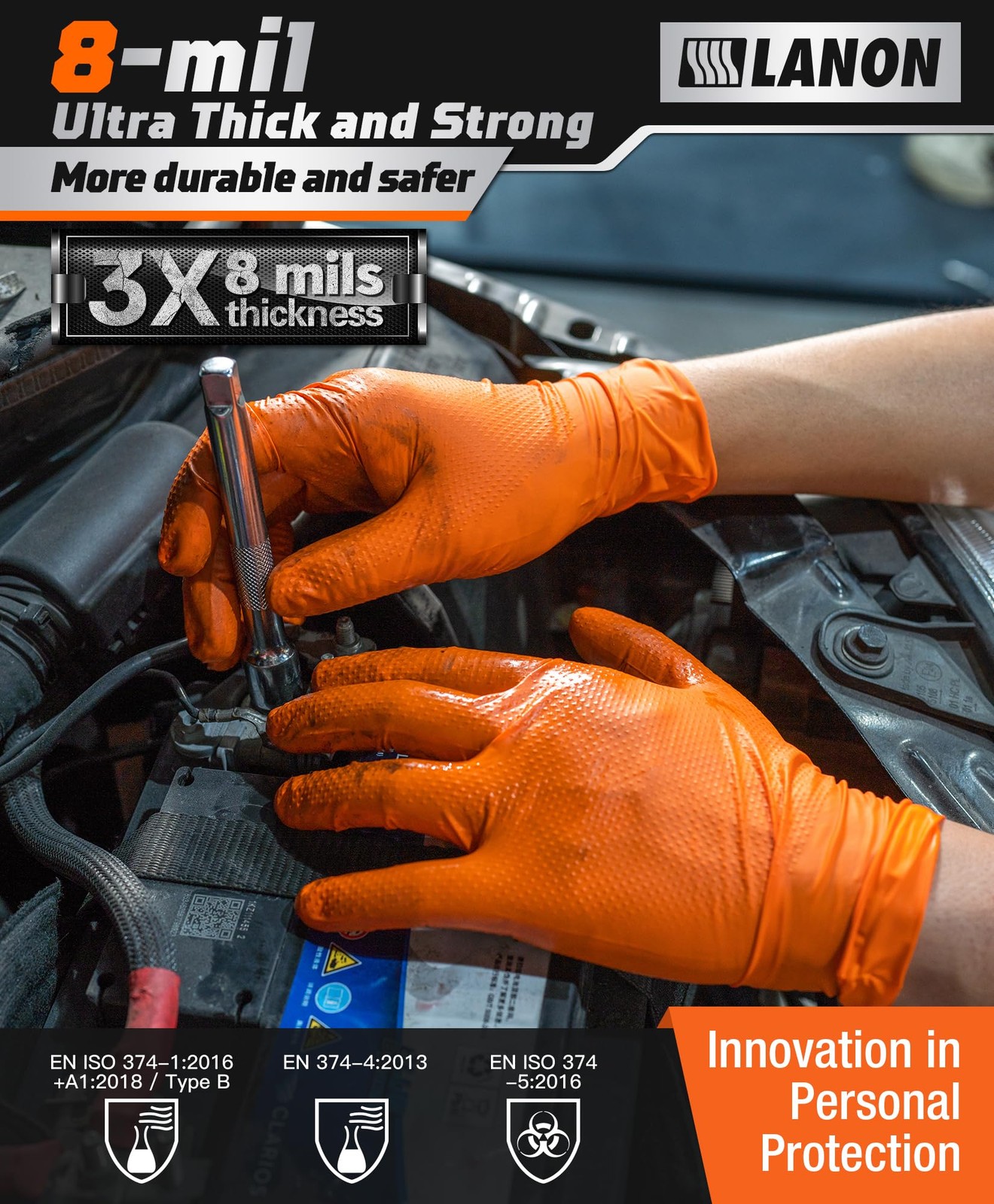 LANON 8mil Orange Disposable Nitrile Gloves, Mechanic, Heavy Duty, Food Safe,…
