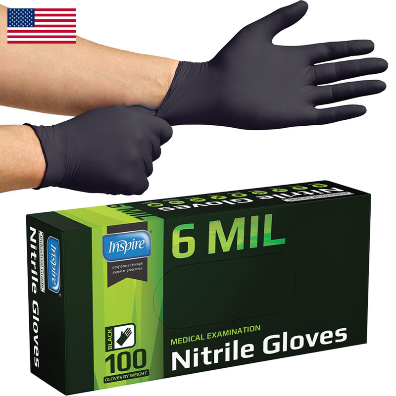 Inspire Black Nitrile Gloves Heavy Duty 6 Mil Nitrile Chemical Resistant