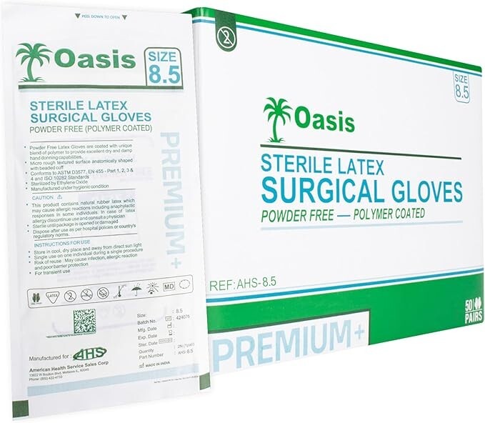 Sterile Latex Surgical Gloves, Size 8.5, Powder-Free, 50 Pairs/Box
