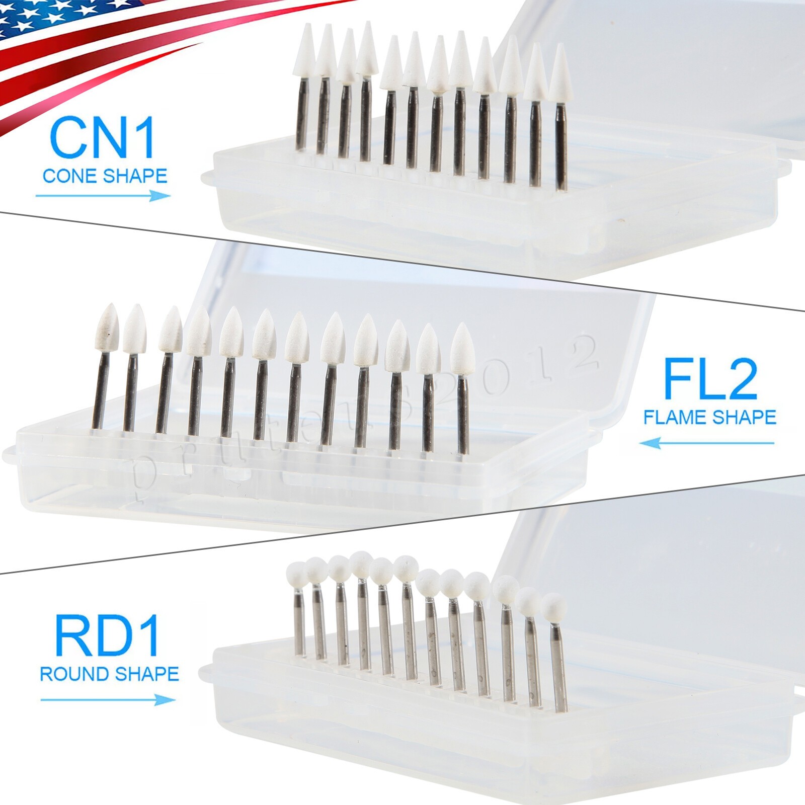 Dental White Stone Polishing Burs FG Aluminum Oxide Flame/Cone/Round Shape st