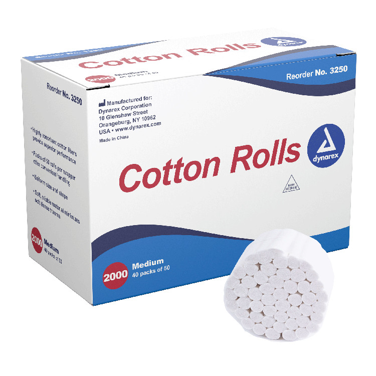 Cotton Rolls, #2 Medium, Dynarex, 2000 Rolls/Box, 10 Box/Case, 3250-C