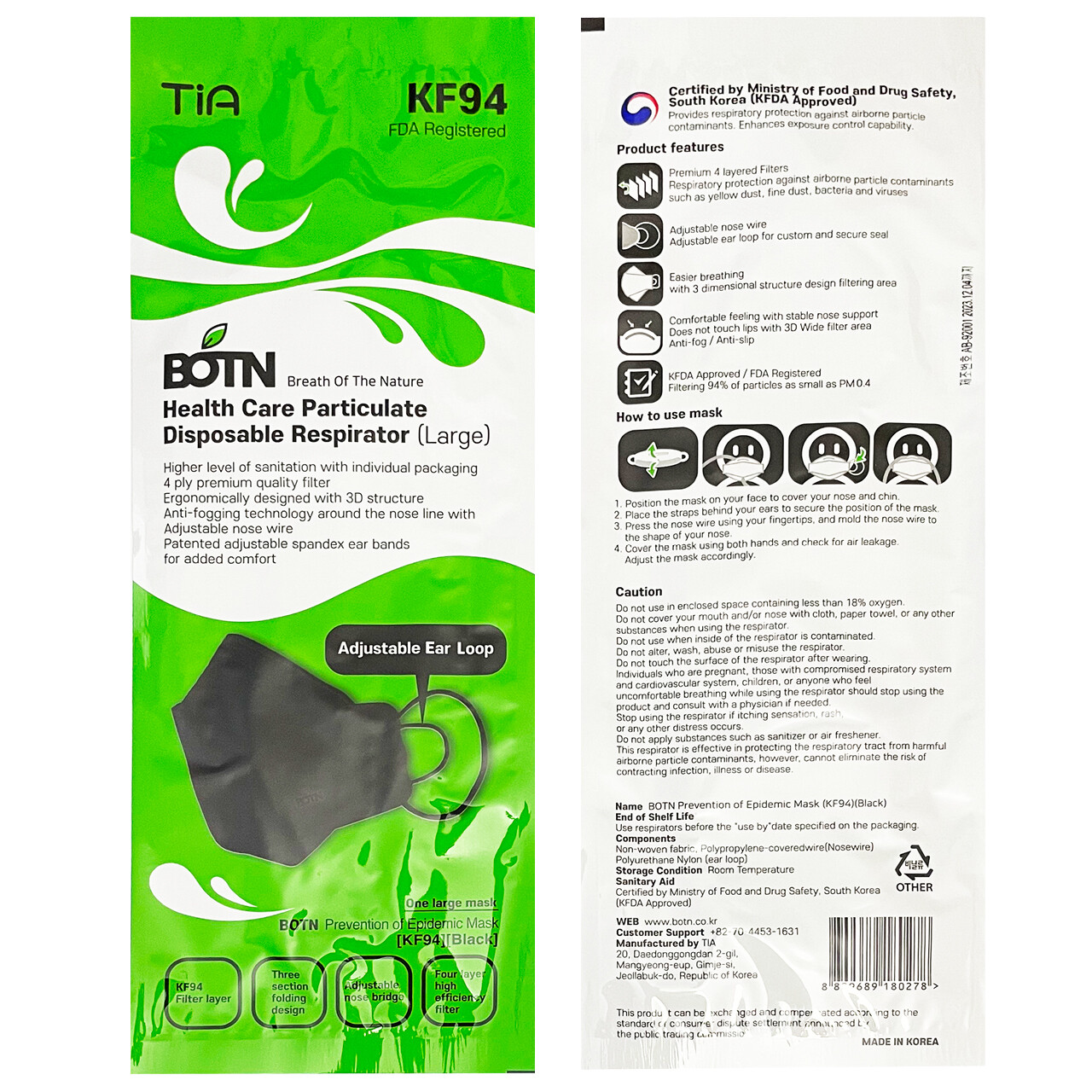 2-10 Pcs KF94 BLACK Protective Face Mask Adult Made in Korea KFDA Certified
