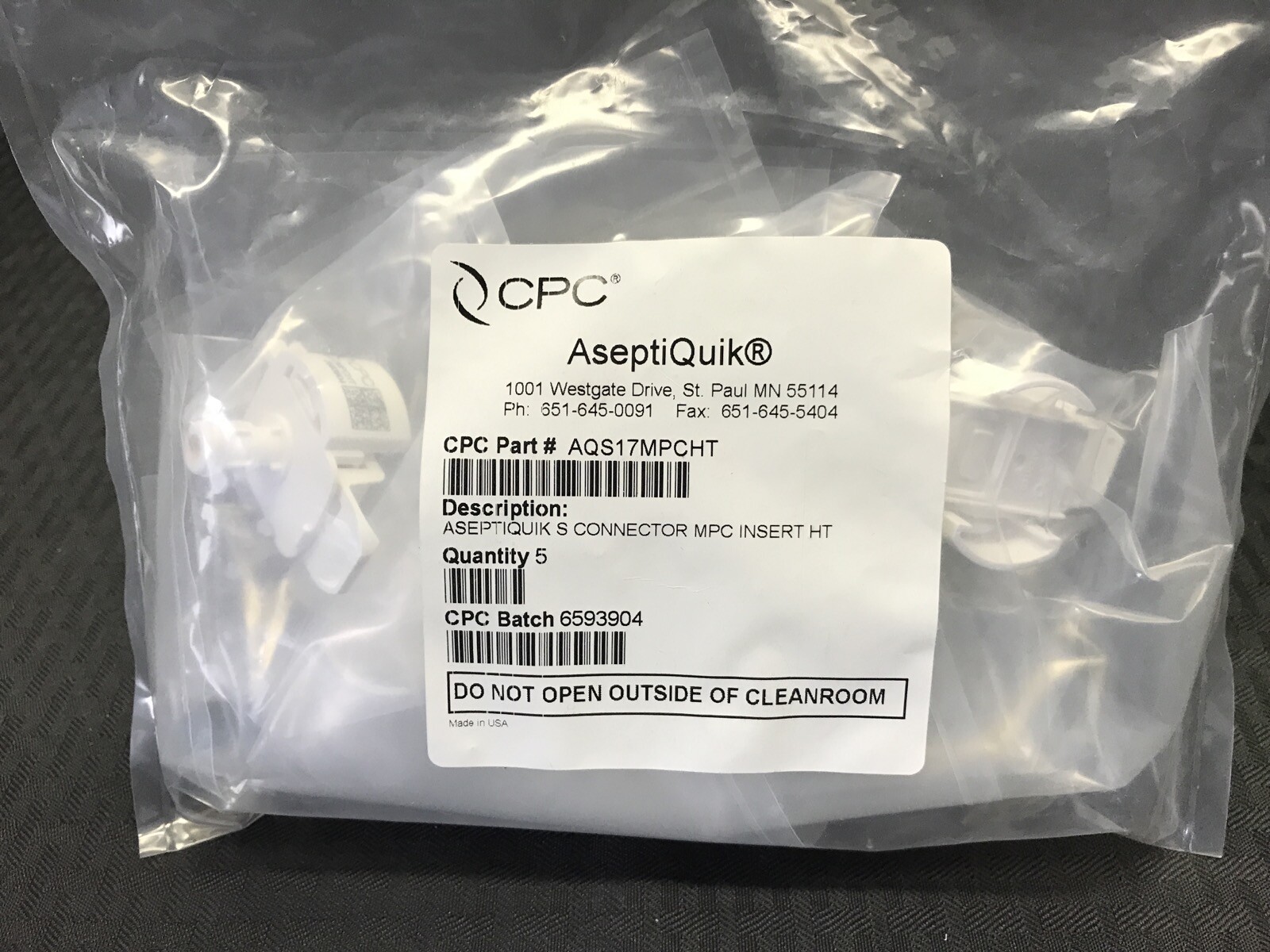 (5/Pack) CPC AseptiQuik S Connector Body MPC Insert Non-Valved High Temp