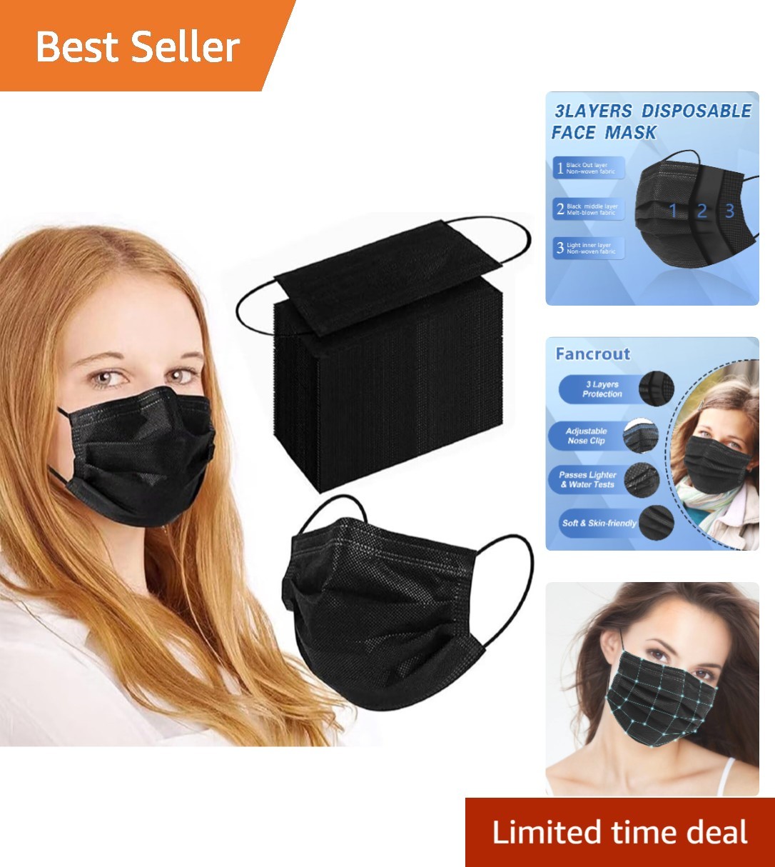 Soft Elastic Ear Loop Black Masks – 3 Ply Daily Protection (100 Count)