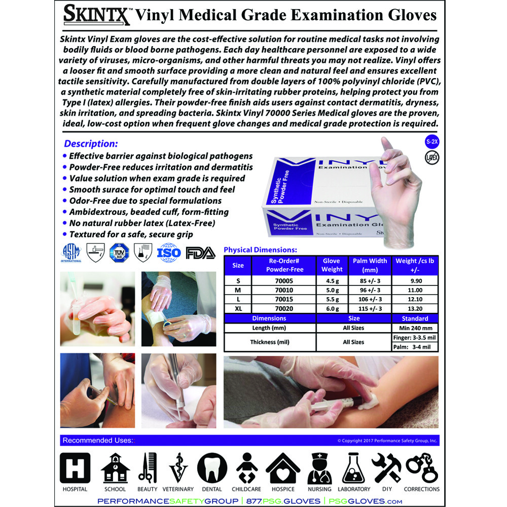 Skintx Exam Medical Grade Vinyl PF Disposable Gloves, 70010 Medium (Pack of 100)