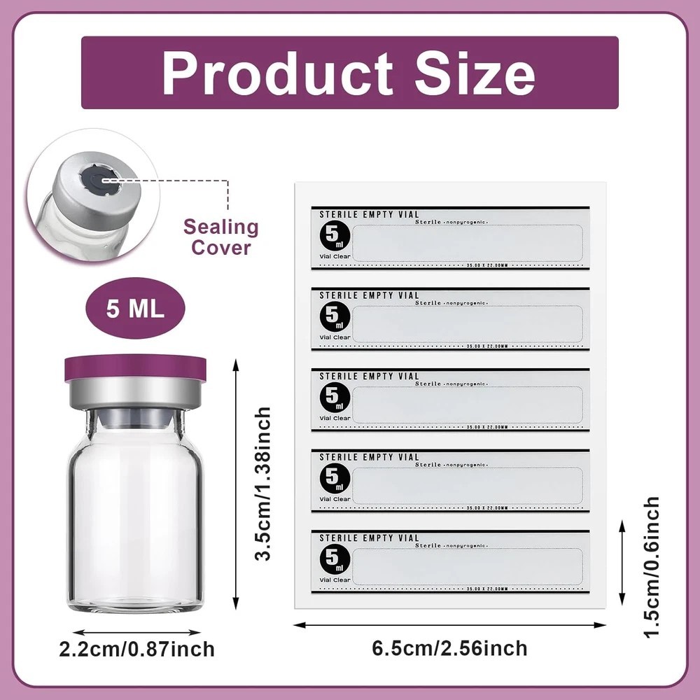 20pcs 5ml Sterile Empty Glass Vials with Self Healing Injection Port + Labels