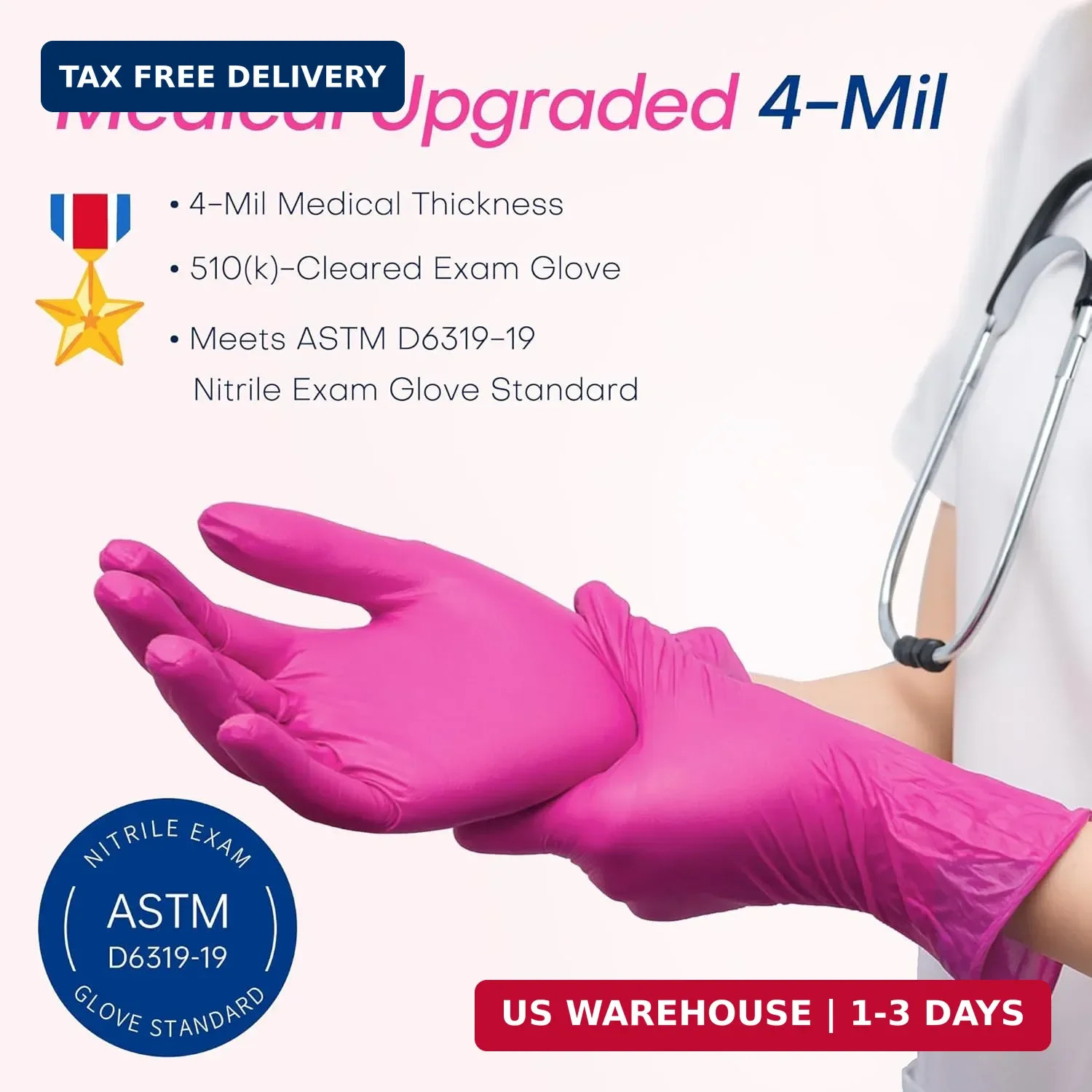Supmedic Nitrile Exam Gloves, 4 Mil 100 Pcs Powder-Free Latex-Free Cooking Food-