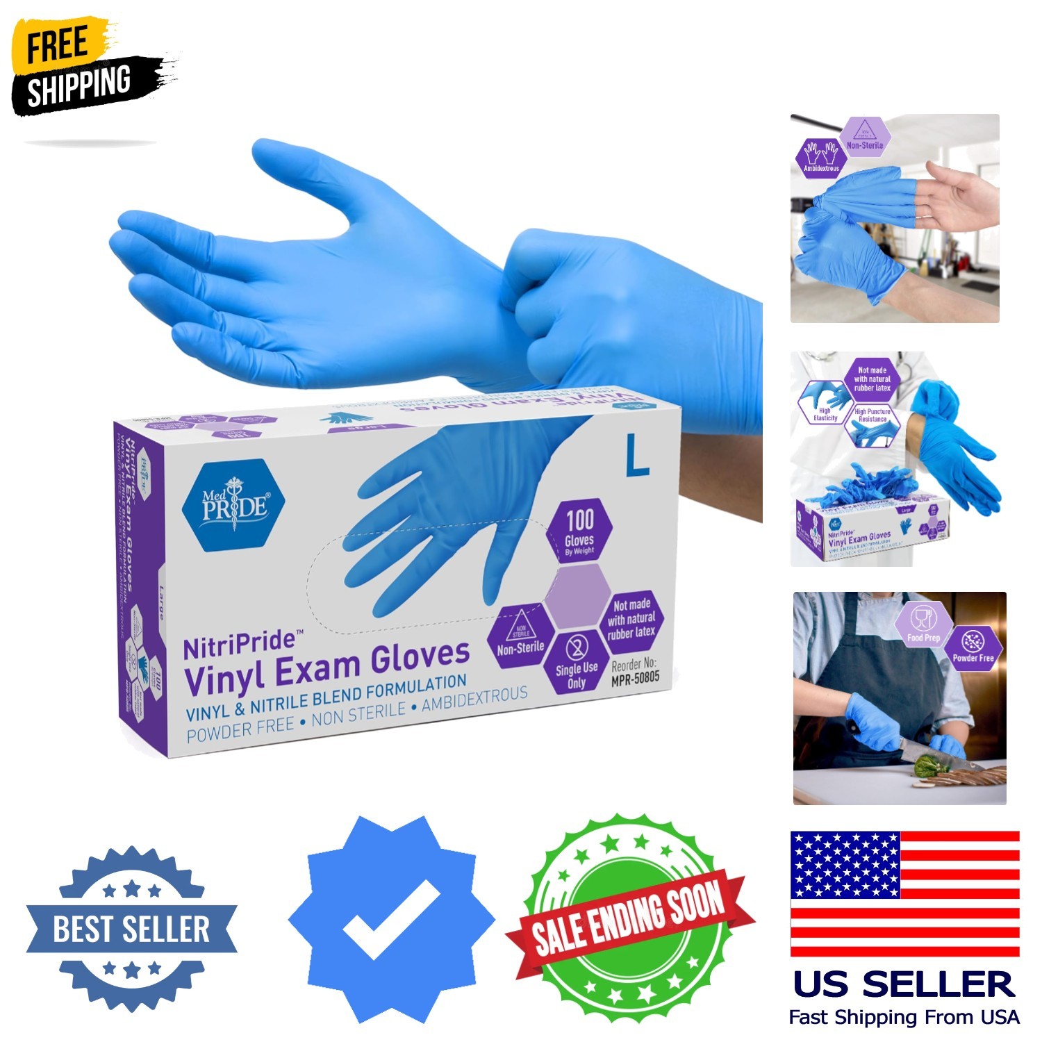 Nitrile/Vinyl Blend Exam Gloves, Powder-Free, Latex-Free, Disposable, Non-Ste…
