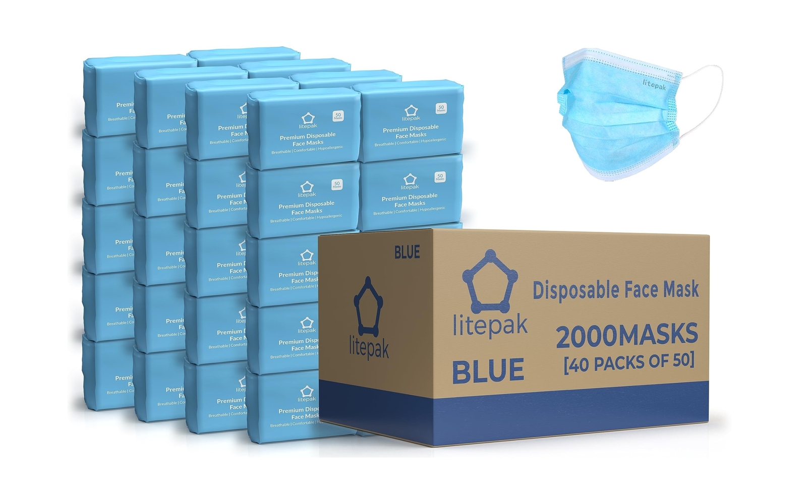 2,000pcs Disposable Face Masks- 3 Ply Breathable Mask For Adults – Blue (40 P…