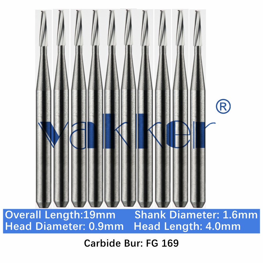 10-100pc Vakker Dental Carbide Burs FG169 19mm Tapered Fissure Burs High Speed