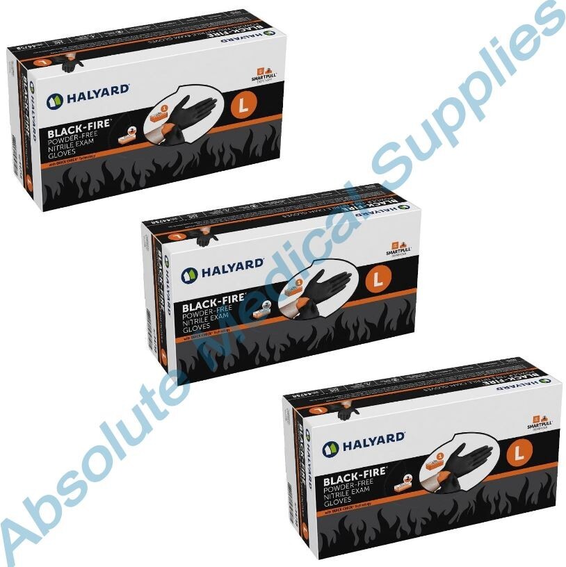 *450-Pieces* Halyard Black-Fire PF Nitrile Medical Exam Gloves Large 44758
