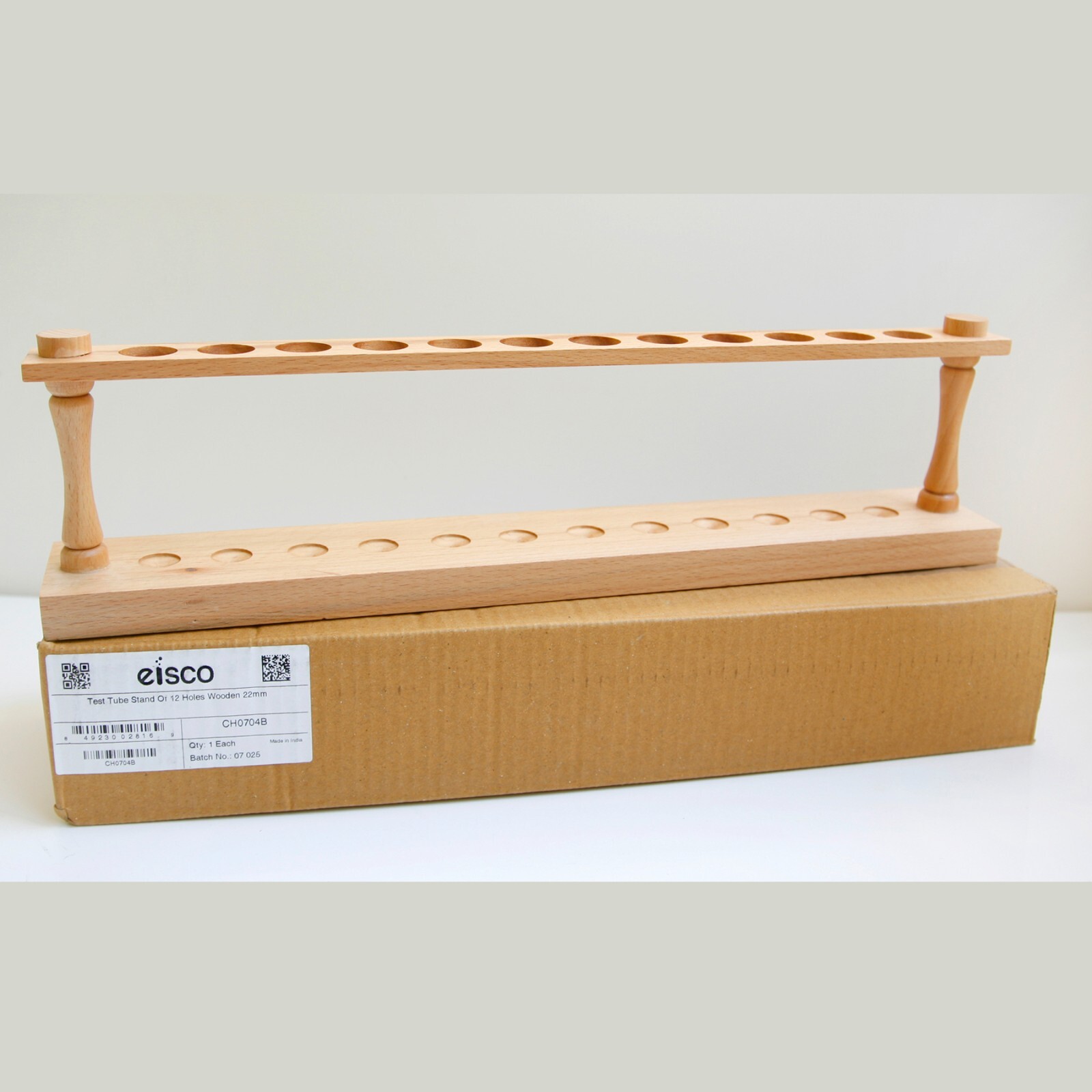 Eisco Labs Wooden Test Tube Stand of 12 Holes 9.75″ Wide Polished Wood 22″