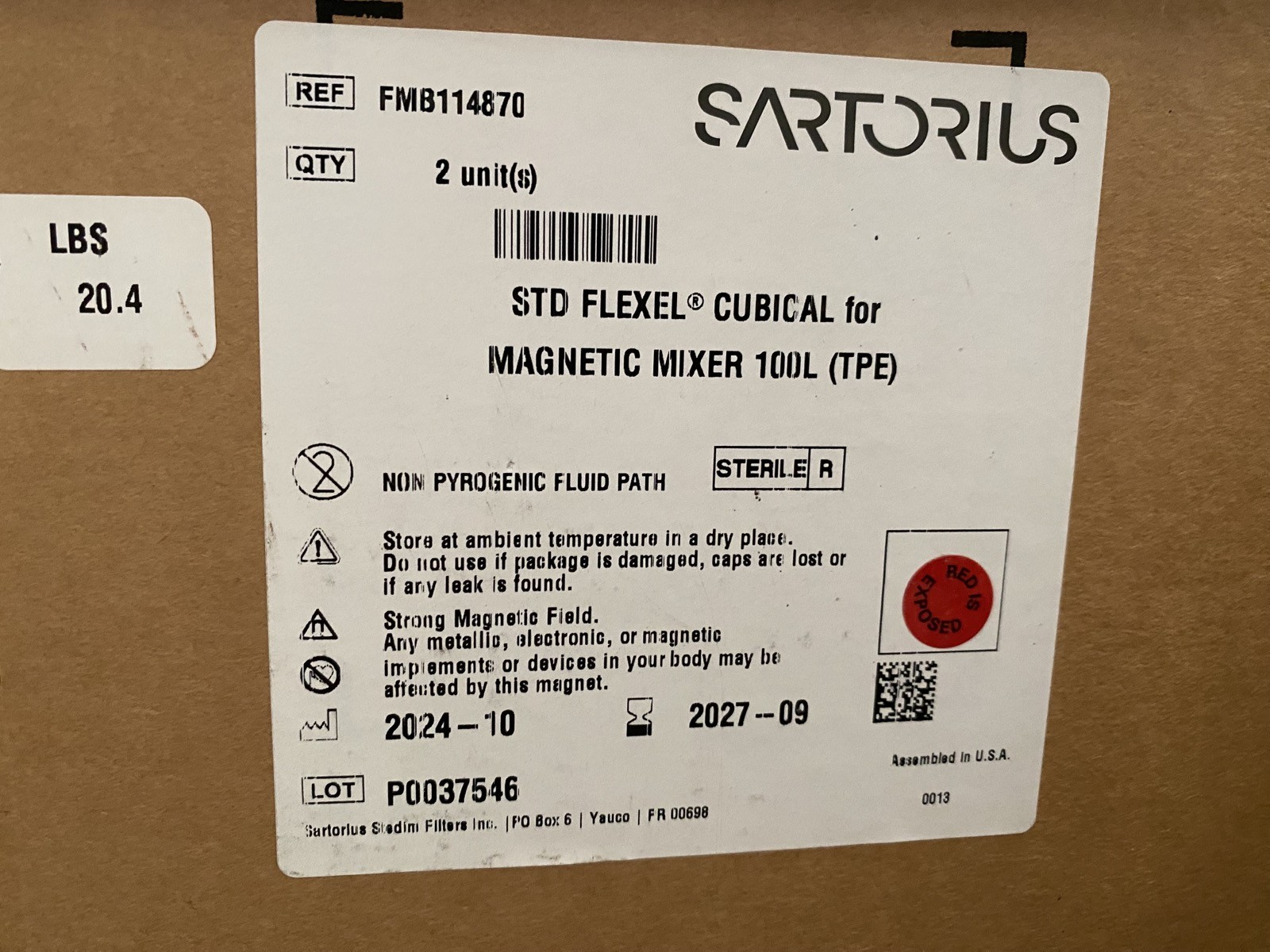 SARTORIUS 100L (TPE) For Magnetic Mixer STD Flexel Cubical Bag FMB114870 (2/Cs)