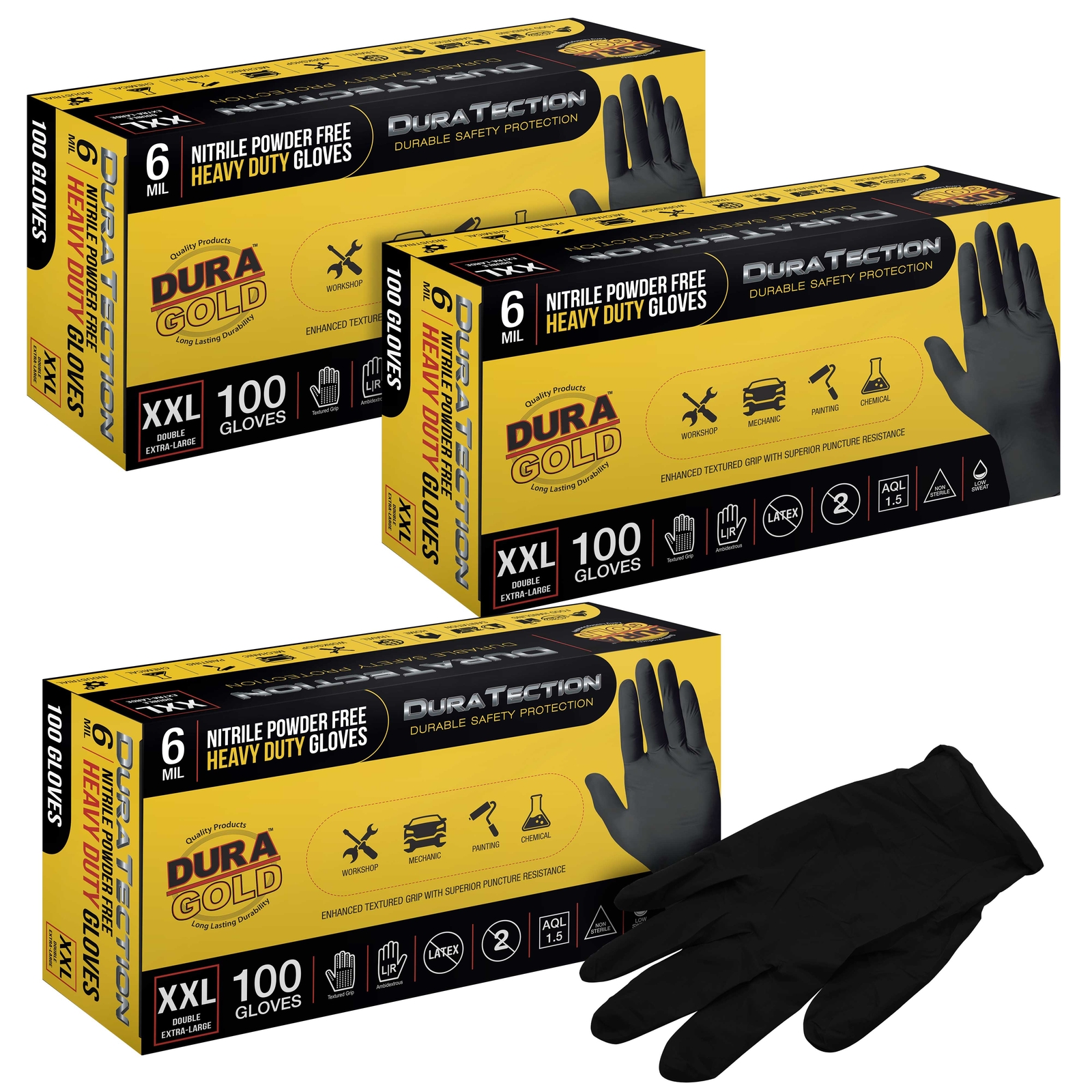 Dura-Gold HD Black Nitrile Disposable Gloves, 3 Boxes of 100, XX-Large, 6 Mil
