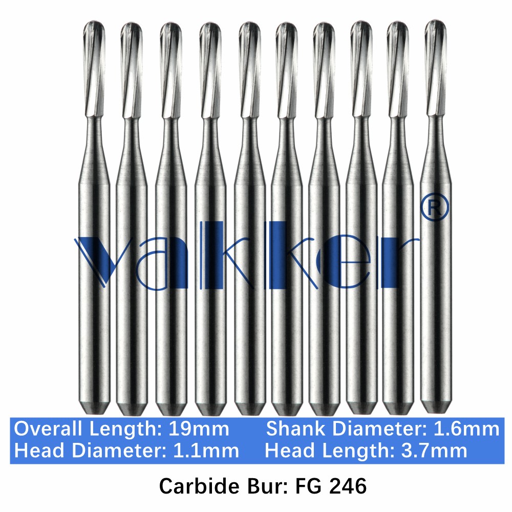10-100pc Vakker Dental Carbide Burs FG246 19mm Pear FG Drill Bits High Speed
