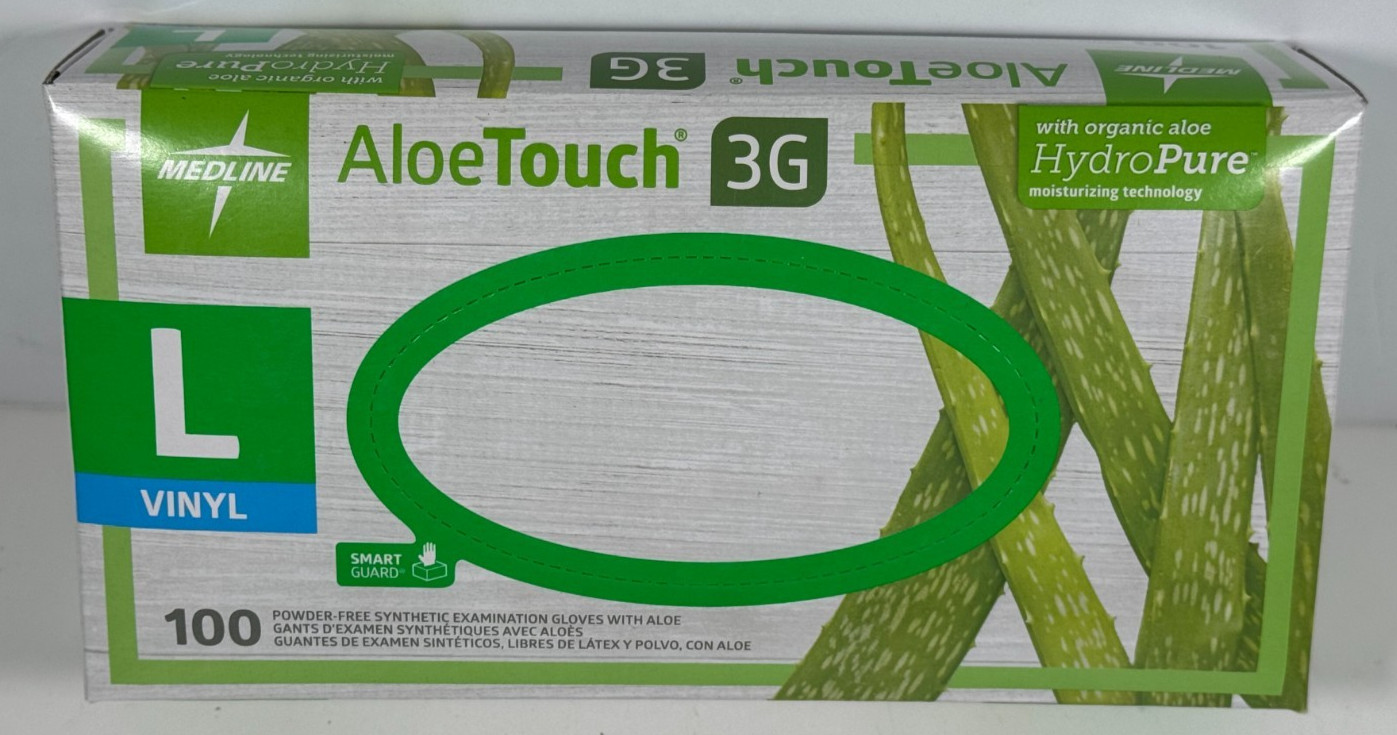 Medline AloeTouch 3G Vinyl Gloves Large 100ct Powder-Free EXP 05-28-2025 NIB NEW