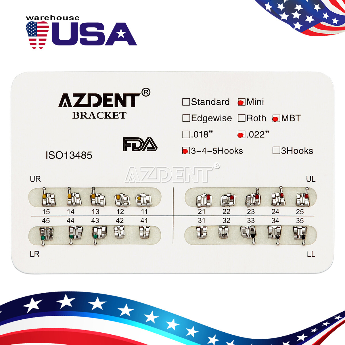 30X AZDENT Dental Orthodontics Brackets Braces Mini MBT.022 Hooks 3 4 5