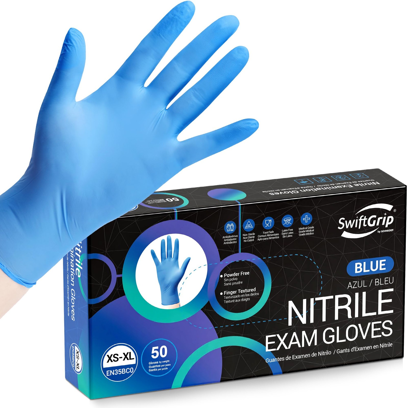 SwiftGrip Blue Nitrile Exam Gloves, Powder~Free, 50ct, Medium