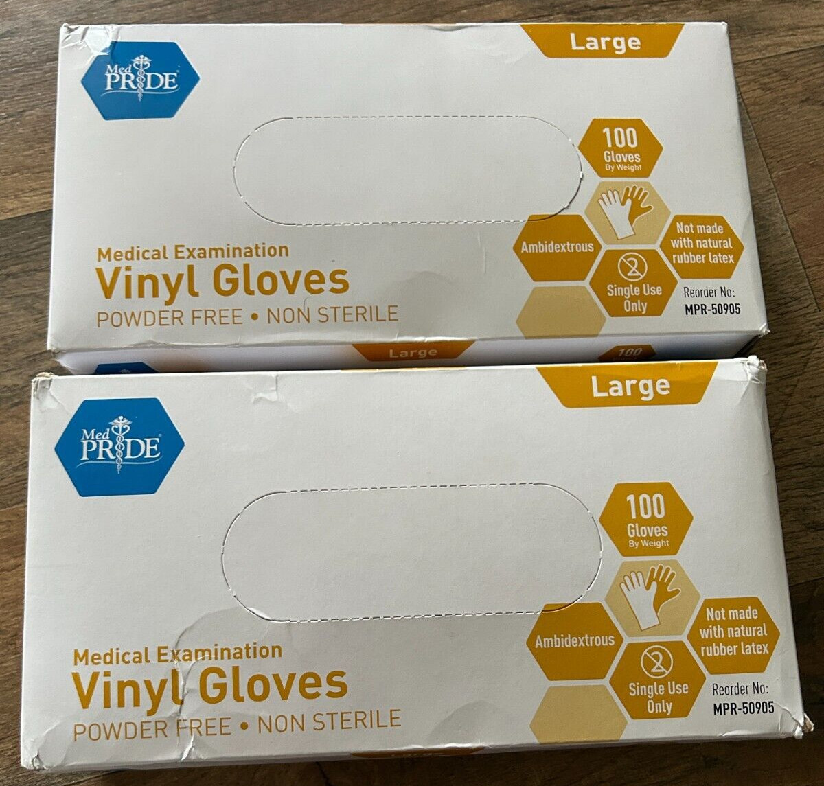 MedPride Powder-Free Vinyl Exam Gloves, Large, Box/100-2 boxes