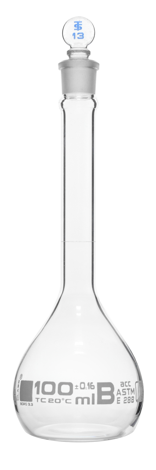 Eisco Labs 100ml Volumetric Flask with Glass Stopper, Class B – White Graduation