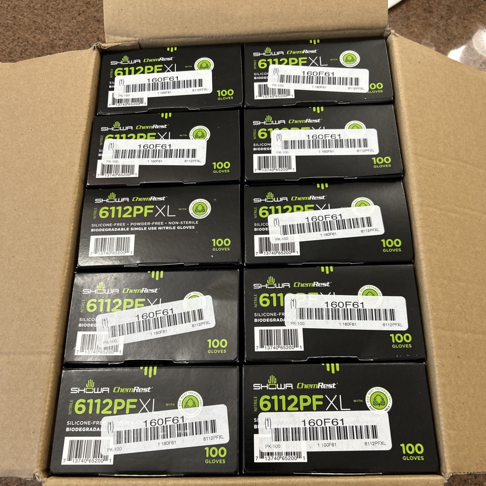 (10) ChemRest SHOWA 6112PF XL Biodegradable BLACK NITRILE Gloves 100 Per Box