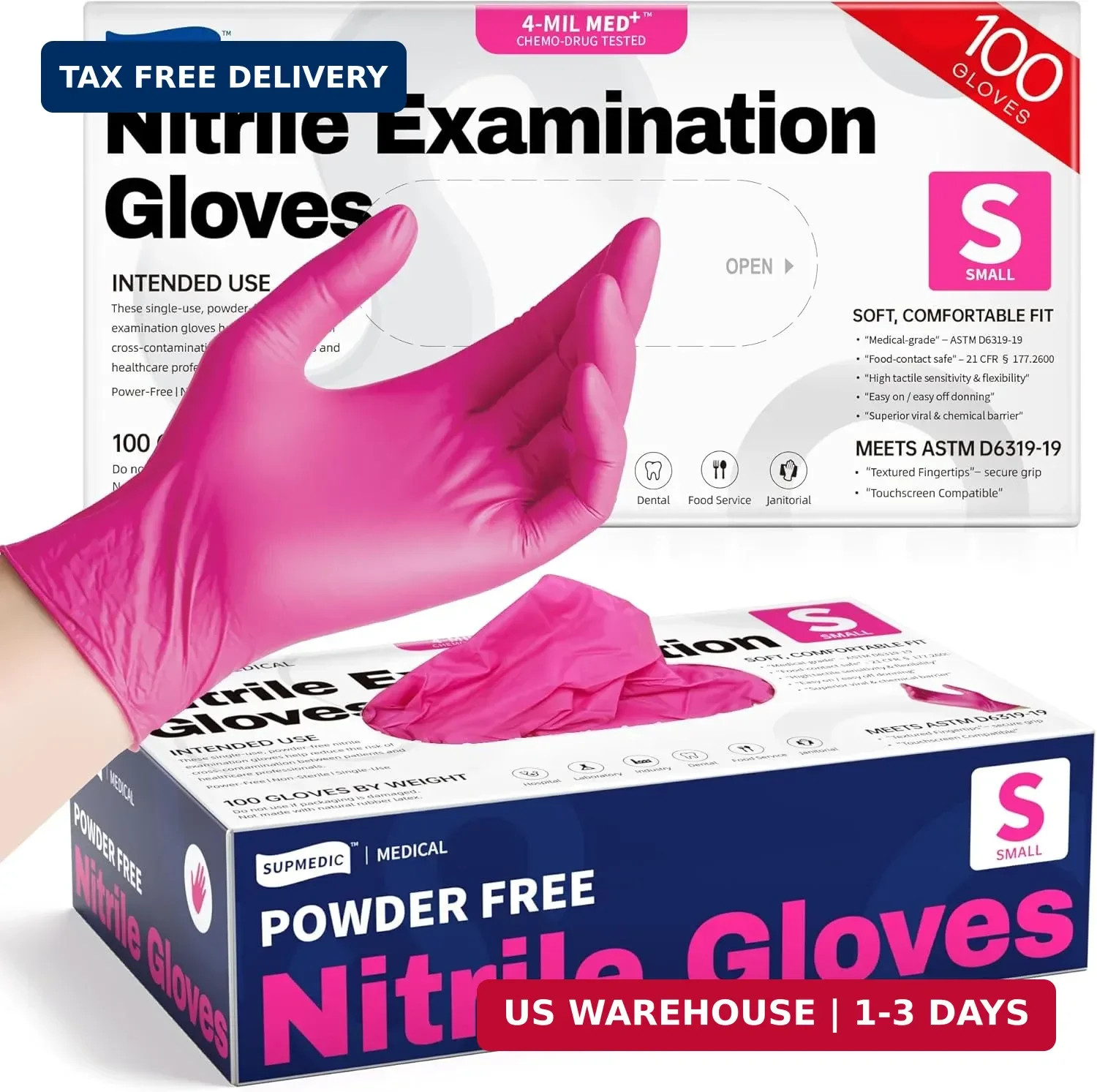 Supmedic Nitrile Exam Gloves, 4 Mil 100 Pcs Powder-Free Latex-Free Cooking Food-
