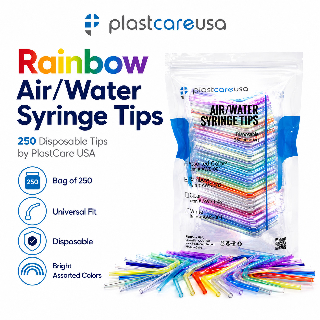 10 Bags Dental Disposable Air Water Syringe Tips, Assorted Rainbow, (2500 Total)
