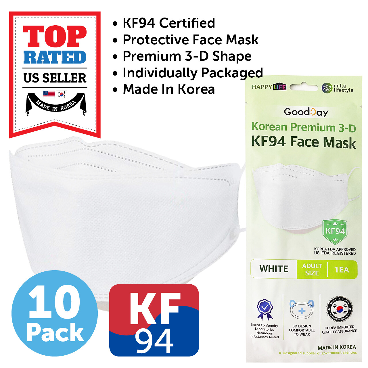 10 PCS KF94 WHITE Protective Face Mask Adult Size Made in Korea KFDA Approved