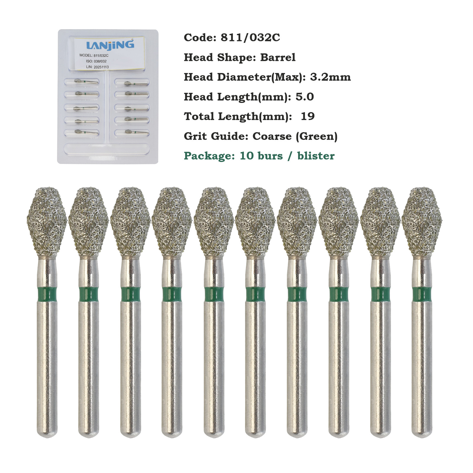 Dental Diamond Burs Barrel Shape 811/038SC 032SC Super Coarse Grit FG High Speed