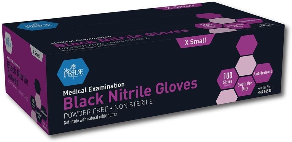 MedPride Black Nitrile Powder-Free Exam Gloves, Medium (Pack of 100), Box/100