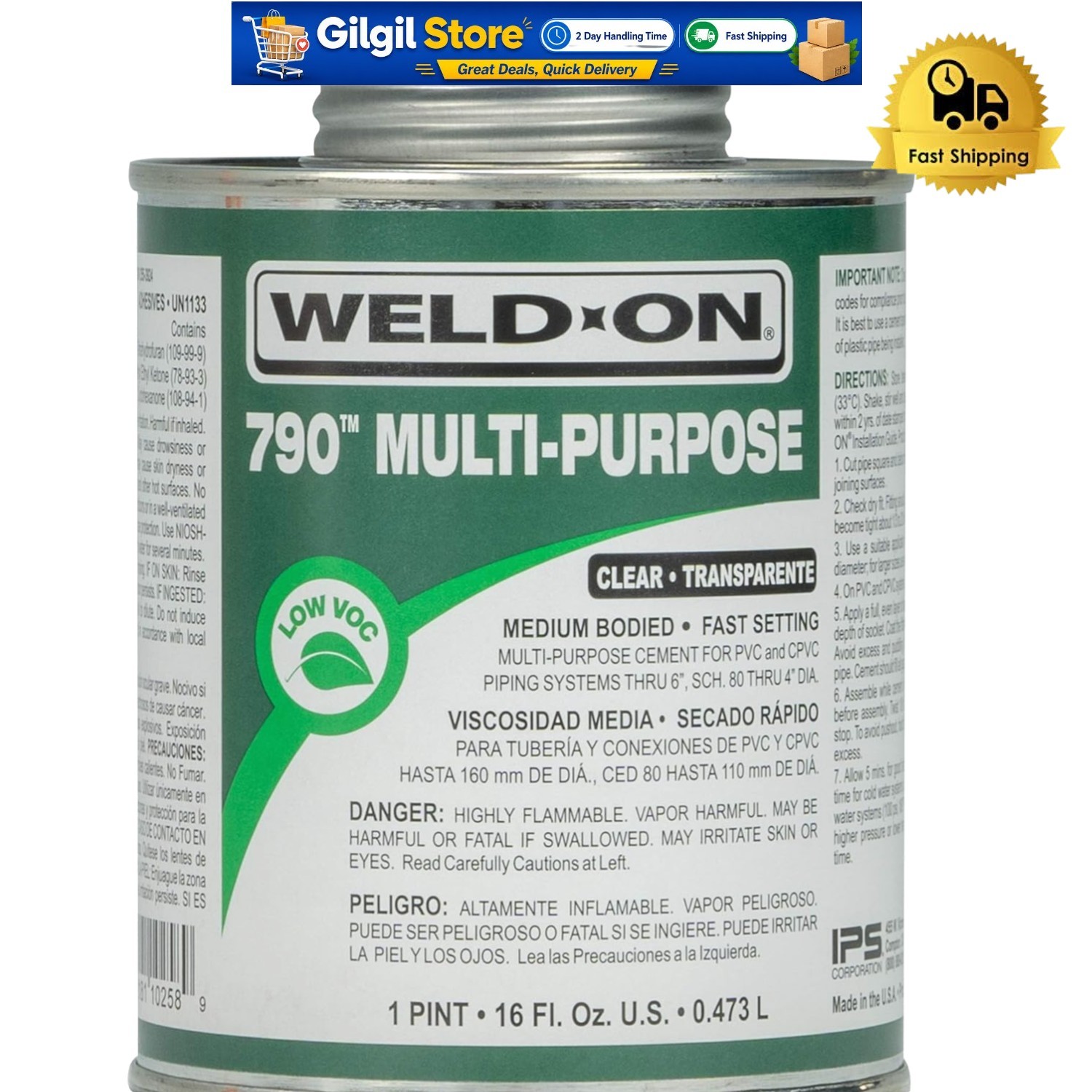 1 Pint Fast-Setting Medium-Bodied Low-VOC PVC Cement for Plumbing & Irrigation