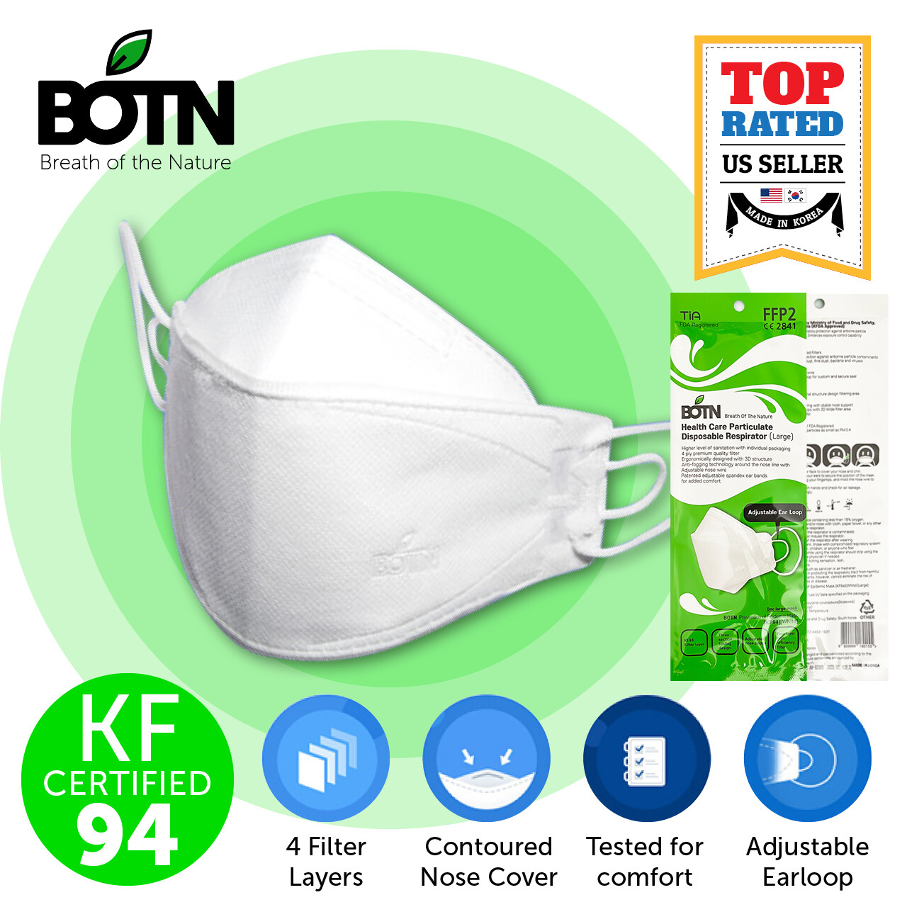 10 PCS BOTN KF94 WHITE Protective Face Mask Adult Made in Korea KFDA Approved