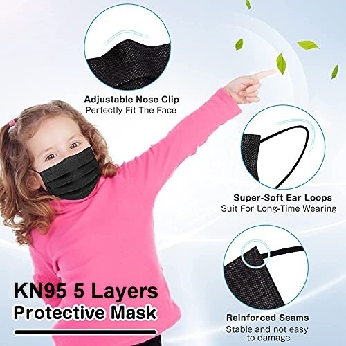5Ps Kids Child Boy KN95 Face Mask Disposable Black 5 Layer C.E Approval FFP2 95%