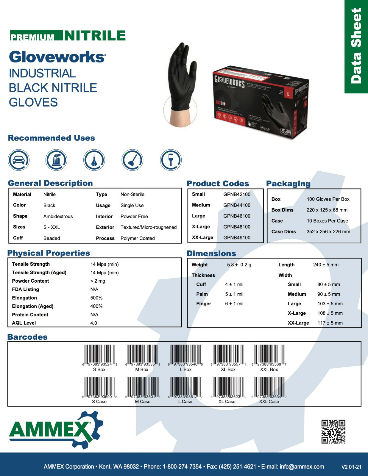 GLOVEWORKS by AMMEX 5 Mil Black Nitrile Gloves Size Small