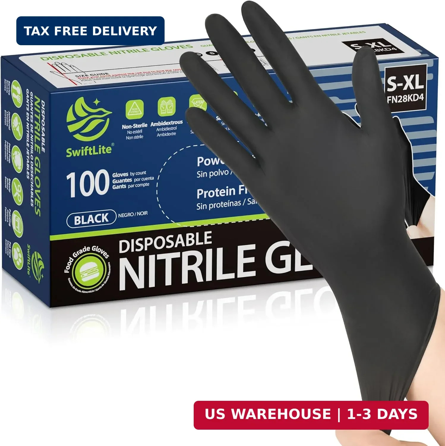 SWIFTLITE Black Nitrile Gloves, Food Safe Disposable Gloves Latex Free, Rubber G