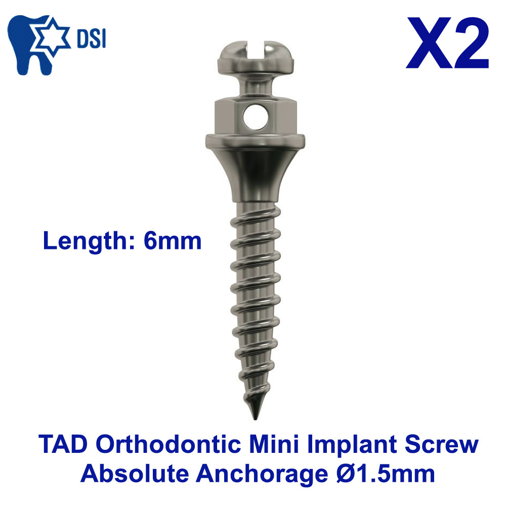2x Dental Orthodontic Mini Screw Fixture Absolute Anchorage L6mm T/m 1mm Ø1.5mm