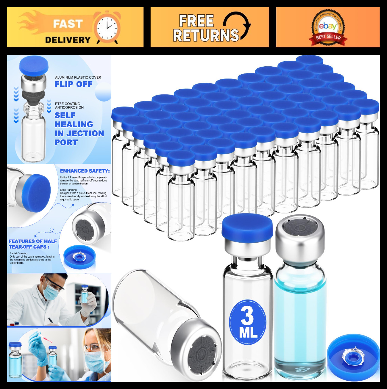 60 Pcs 3ml Clear Glass Sterile Vials with Self-Healing Port & Flip Cap – Lab Use