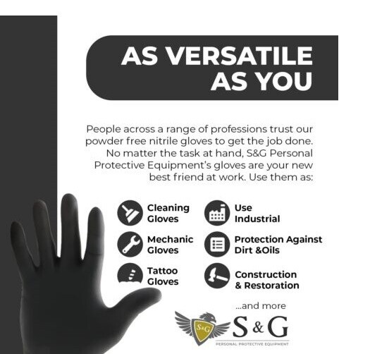 S&G Black Nitrile Gloves Latex Powder Free 5 Mil 1000pcs M/L/XL