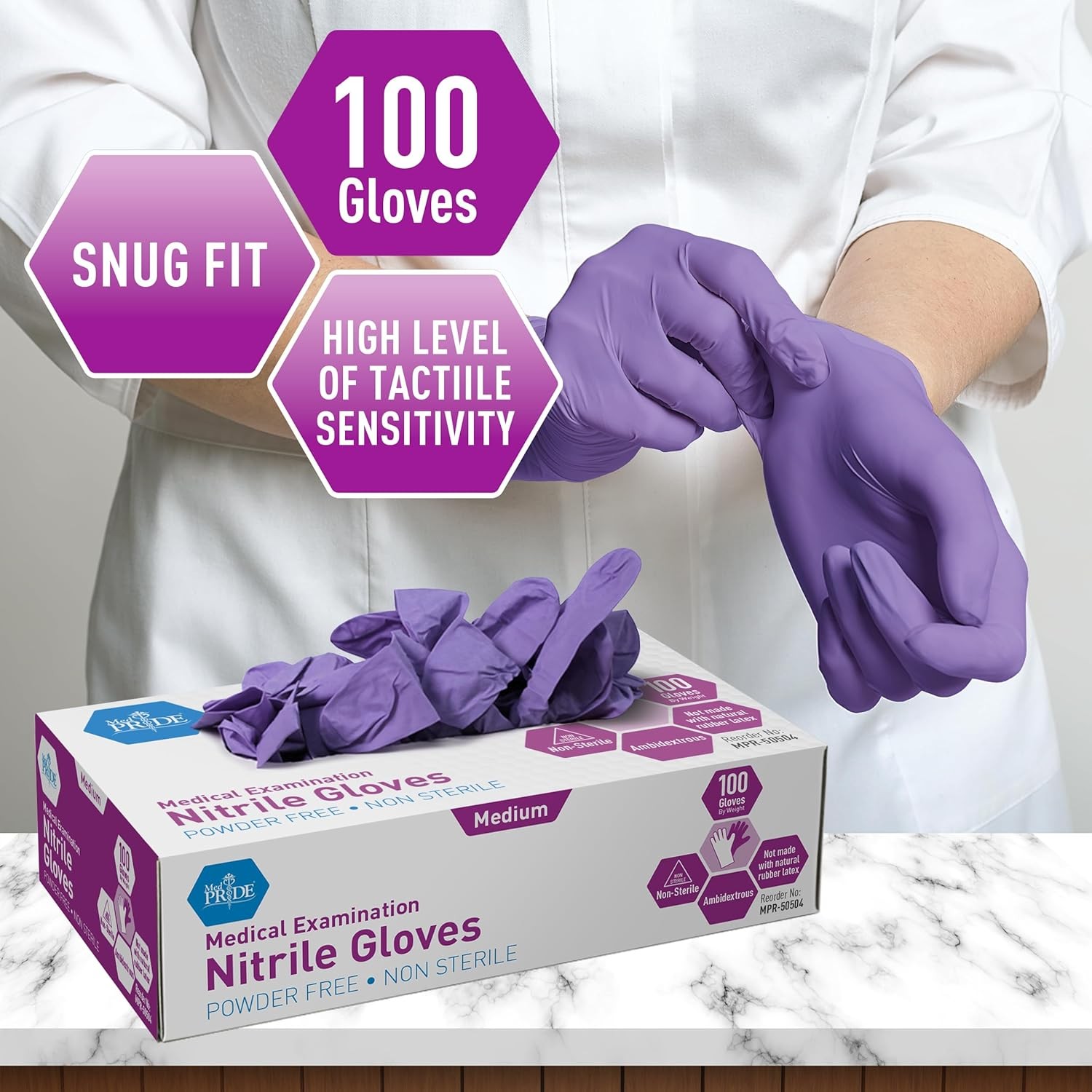 MedPride Powder-Free Nitrile Exam Gloves, Medium (Pack of 100), Iris Blue