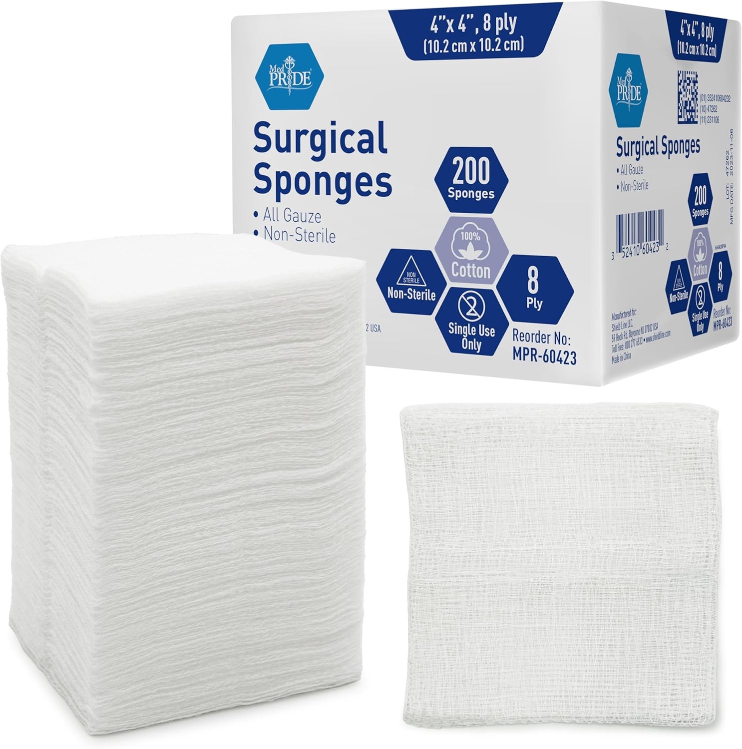 MED PRIDE Surgical Sponges 200 Pack 4» x 4», 8 ply 200 Count (Pack of 1)