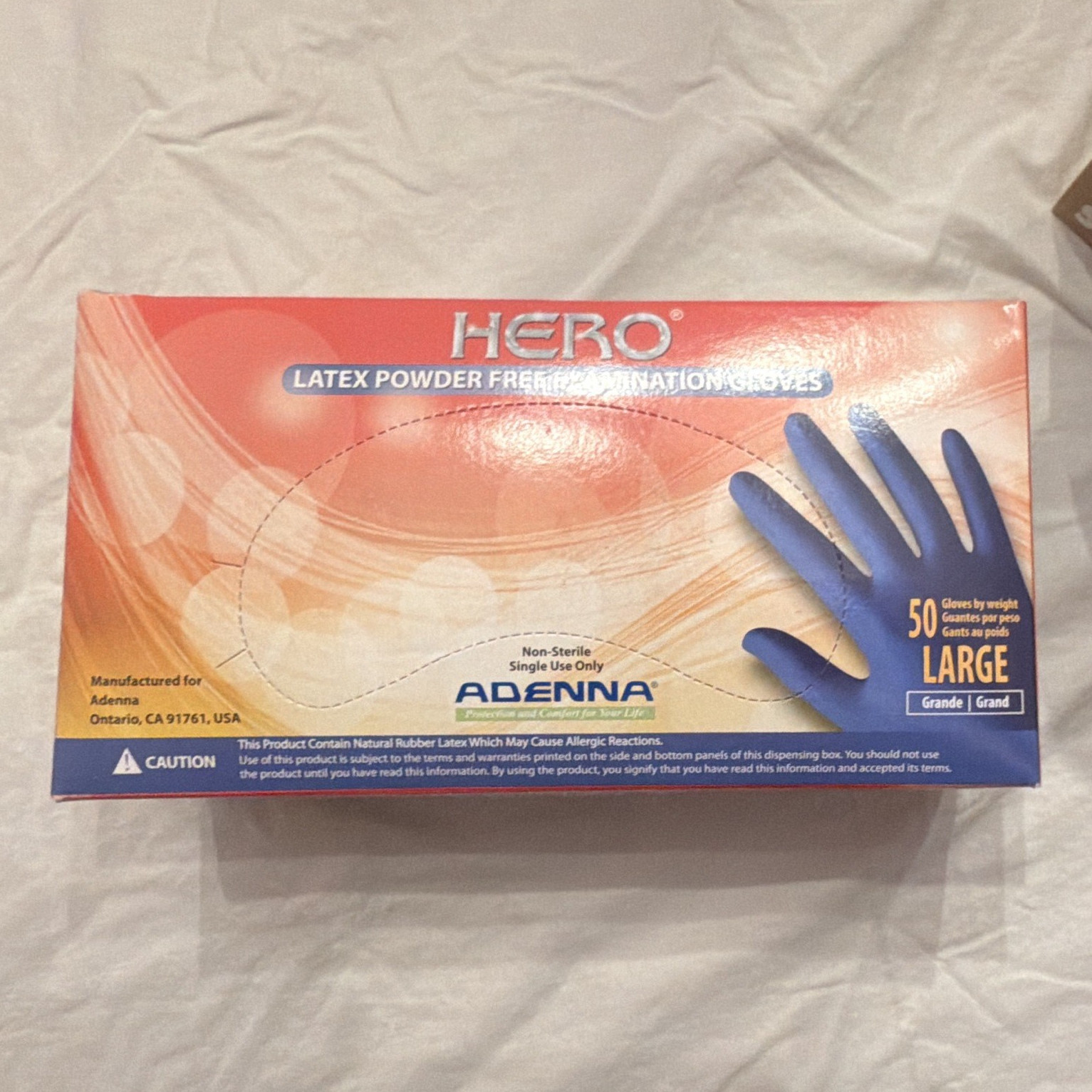 Adenna Hero Latex Powder-Free Exam Gloves Large 50 Count Medical Lab CA91761