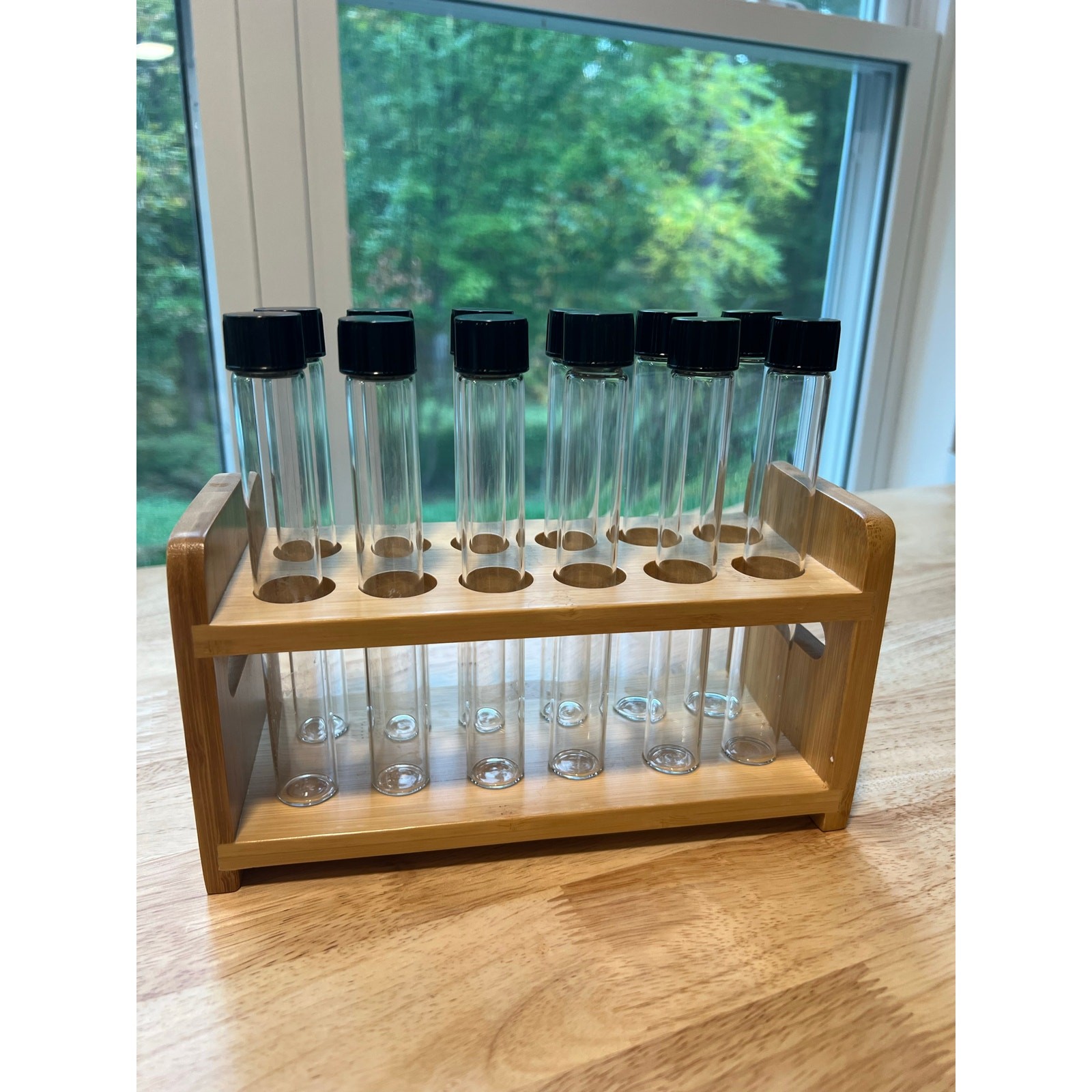 12 Capped Glass Test Tubes with Wood Stand Display Rack Science Lab Testing