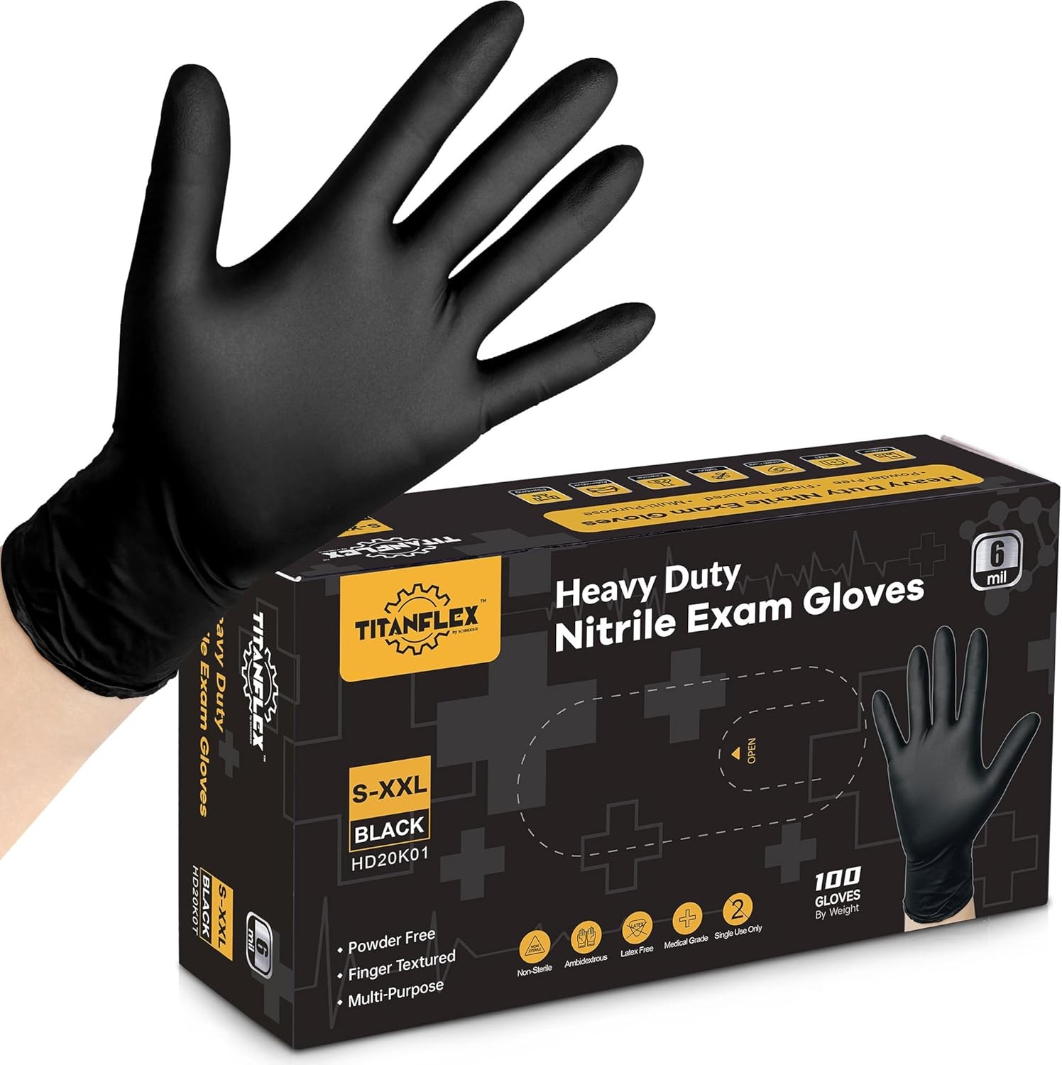 TitanFlex Disposable Nitrile Exam Gloves, 6-mil, Black, Latex Free, Heavy Duty