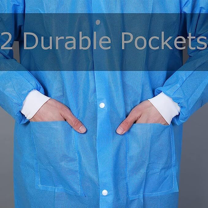 SMS 45 GSM 2 Pockets Lab Coat Disposable Unisex Adult M/L High Quality 20 Pcs
