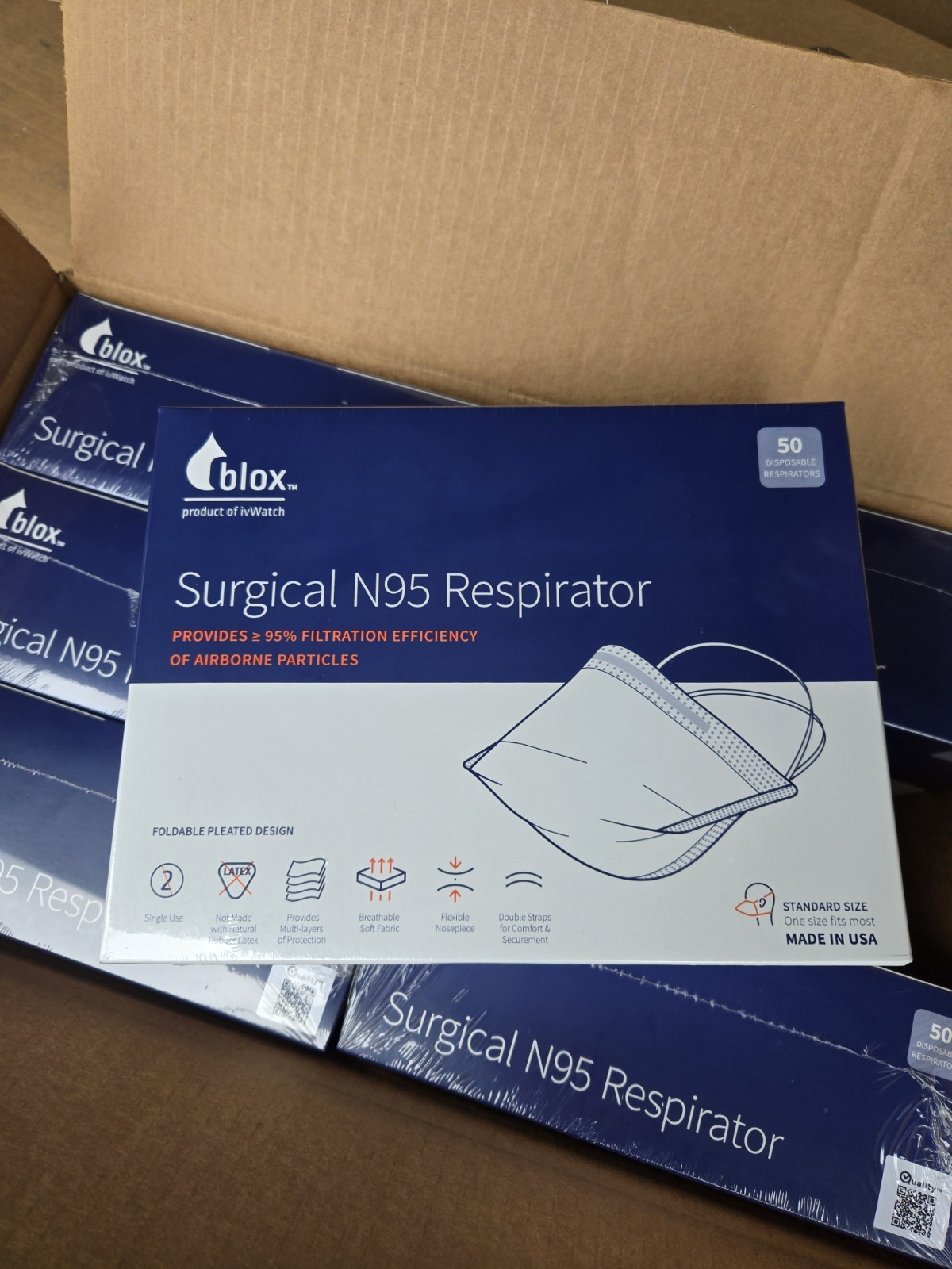 50 Blox Surgical N95 Respirator Disposable Facemask LPN AUTO BODY Made In USA