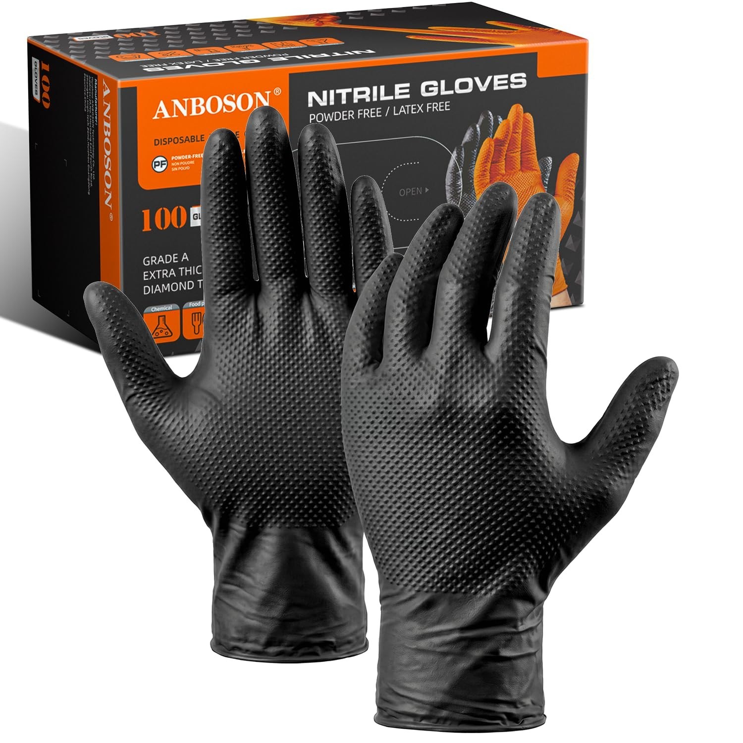 Heavy-Duty 10Mil Nitrile Gloves – Black Disposable with Diamond Grip – 100 Count