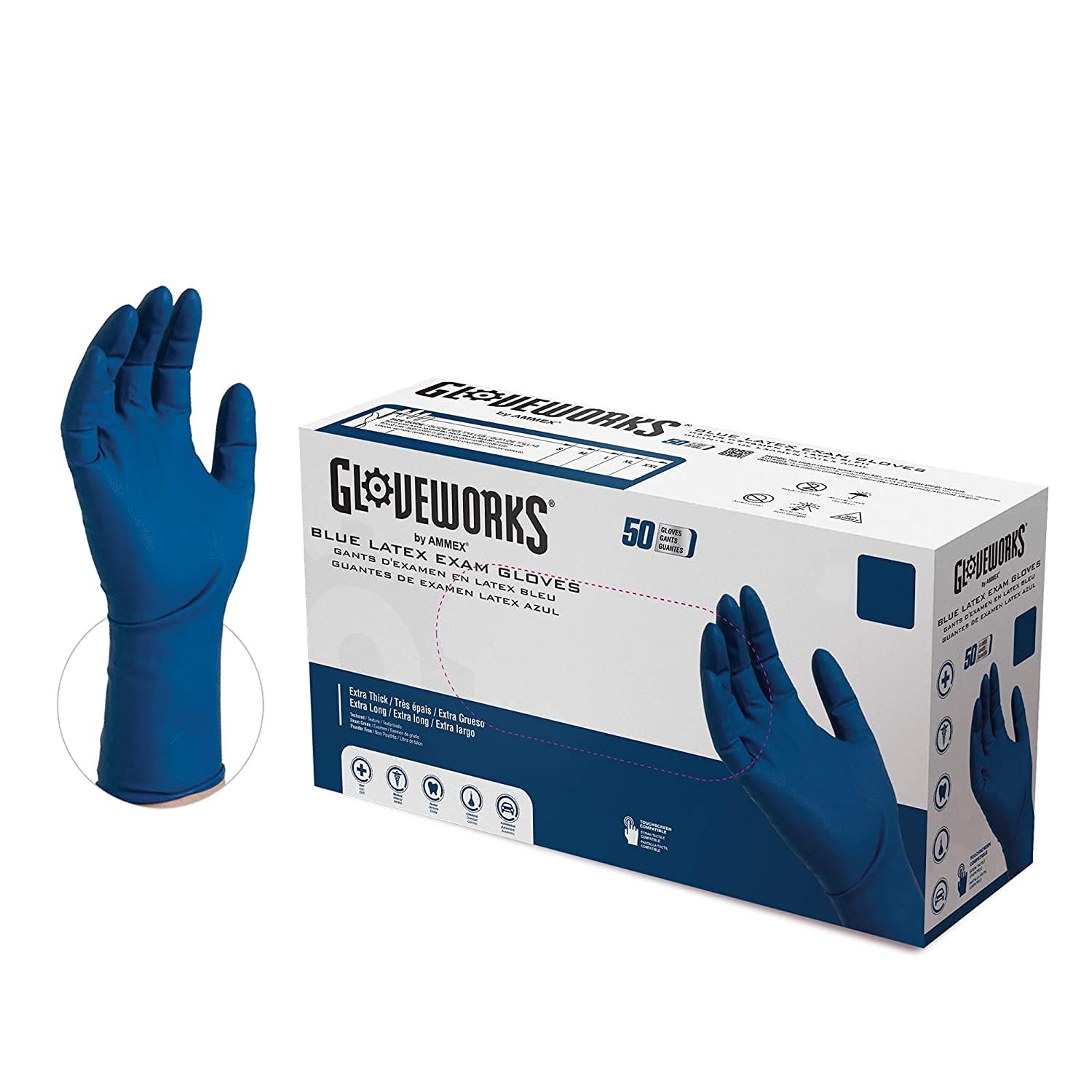GLOVEWORKS HD Blue Latex Medical Gloves, Large, 50~Count, 13 Mil, 12 in