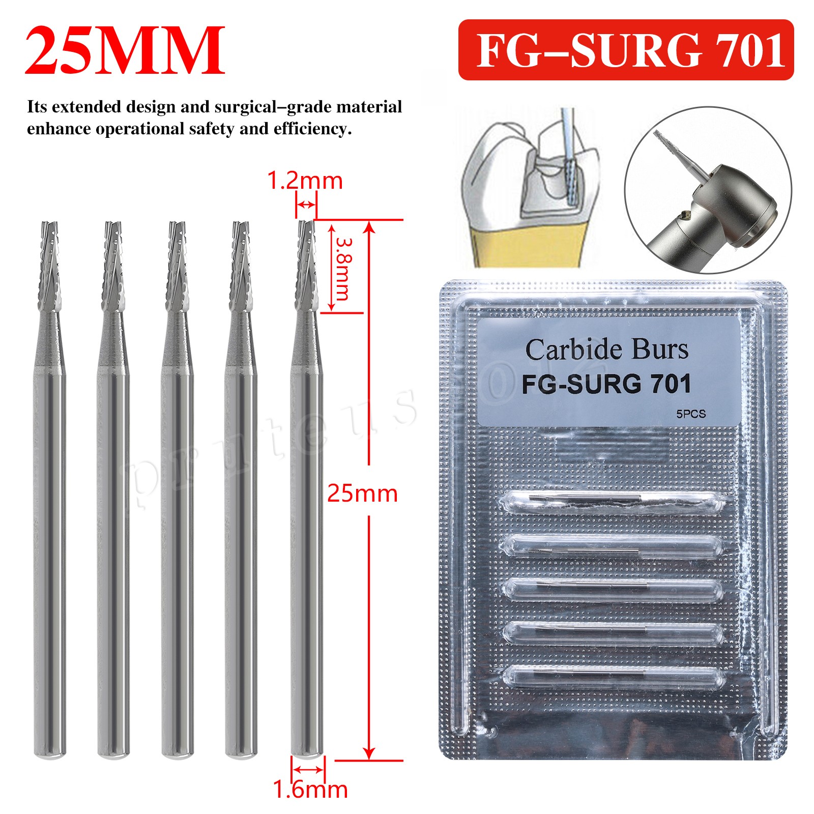 Dental Surgical Burs Carbides FGOS 701 25mm Length Flat End Taper Crosscut